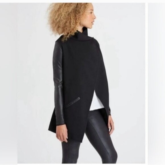 Spanx Faux Leather Drape Front Jacket Very Black Edgy Motorcycle Gothic Coat 2X - Picture 3 of 12